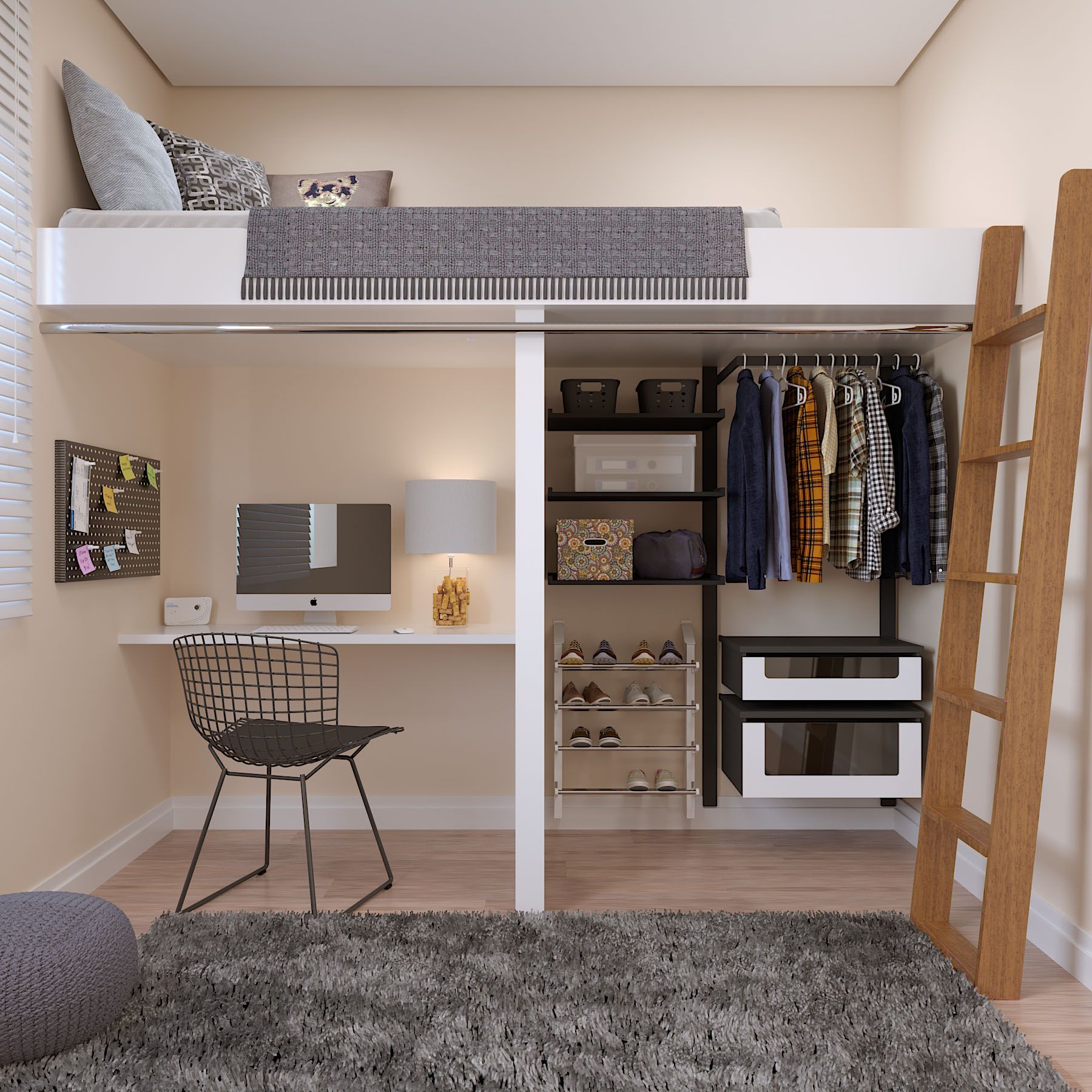 quarto com guarda-roupa aberto e home office