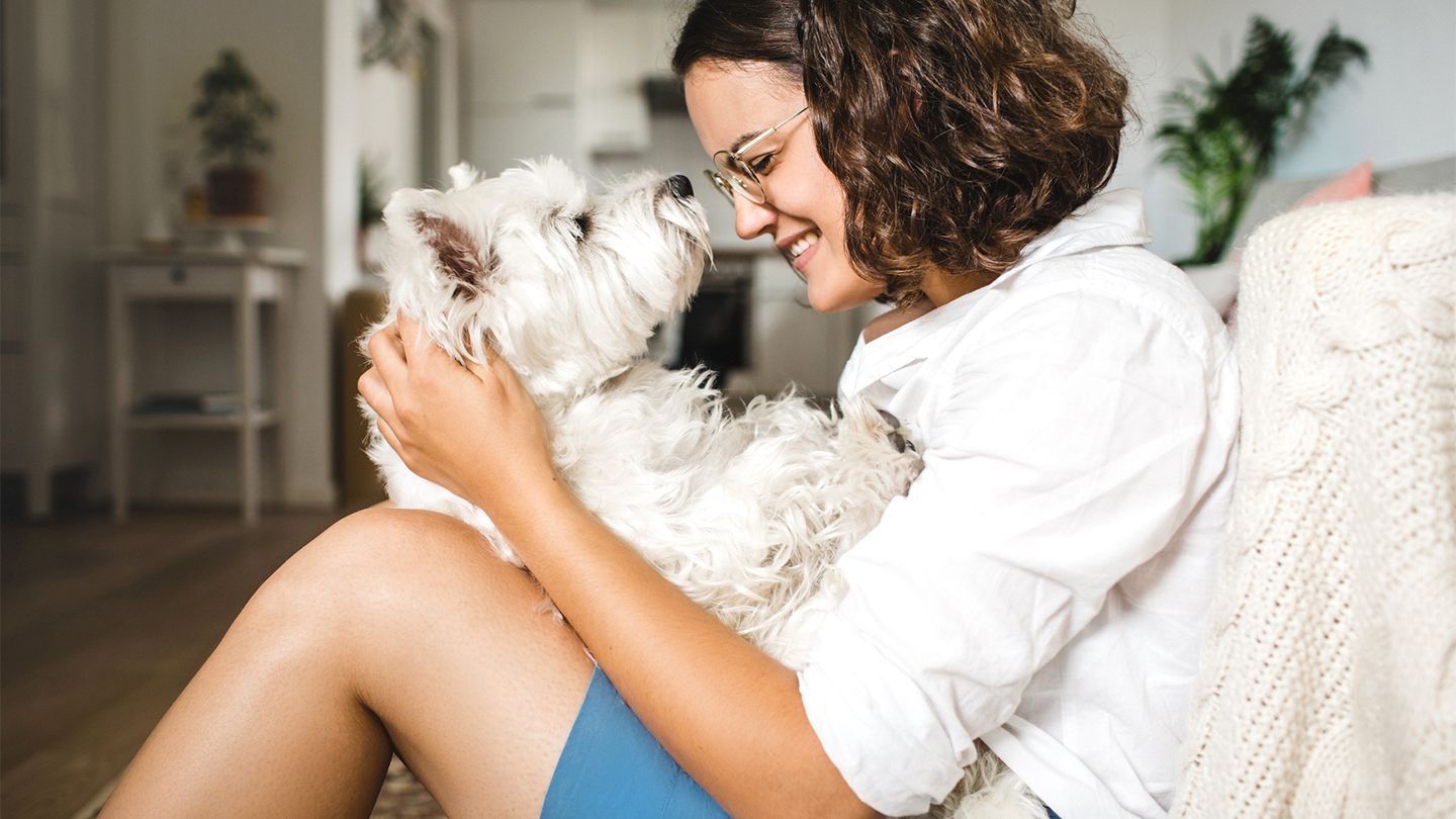 mulher com cachorro no colo