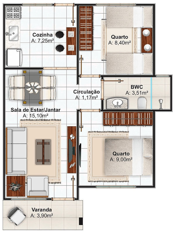 plantas de casas pequenas com 2 quartos e varanda