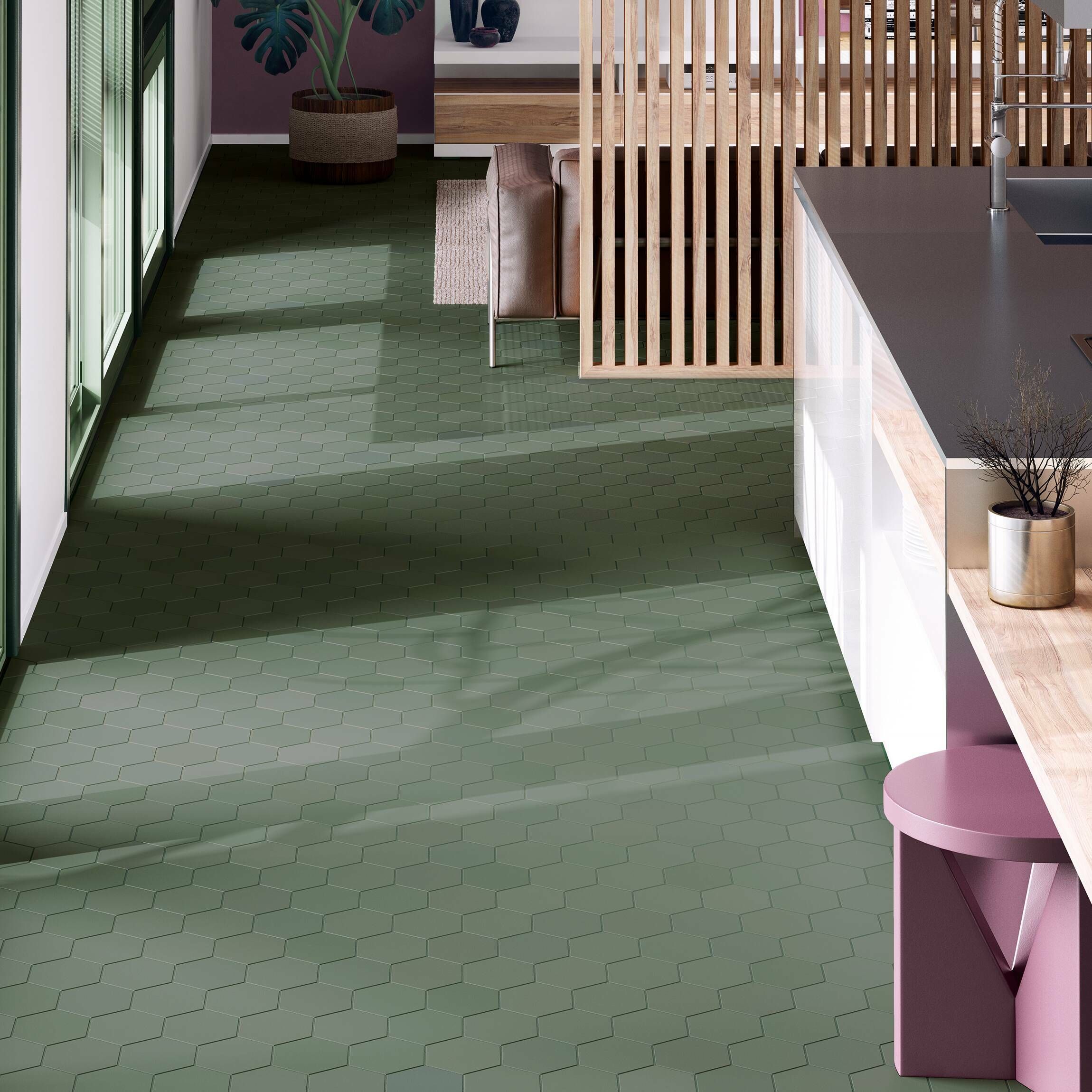 porcelanato verde hexagonal em piso