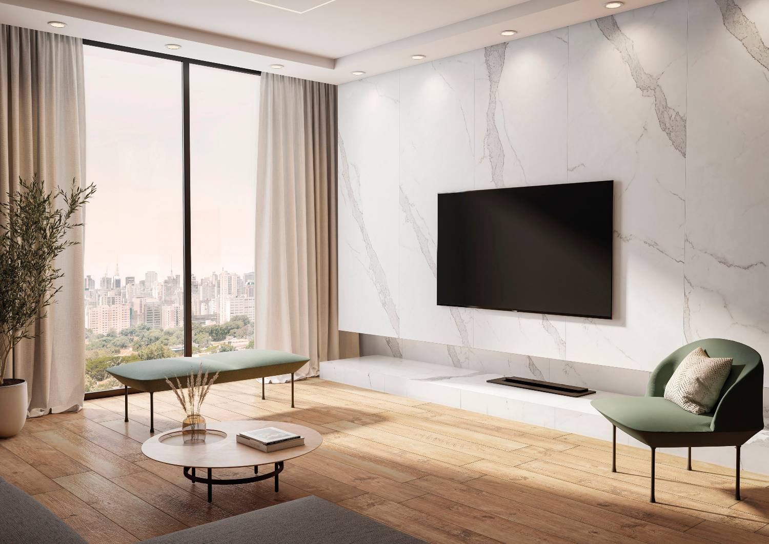 sala de apartamento com painel de TV de porcelanato