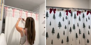 laços de natal em cortinas de banheiro