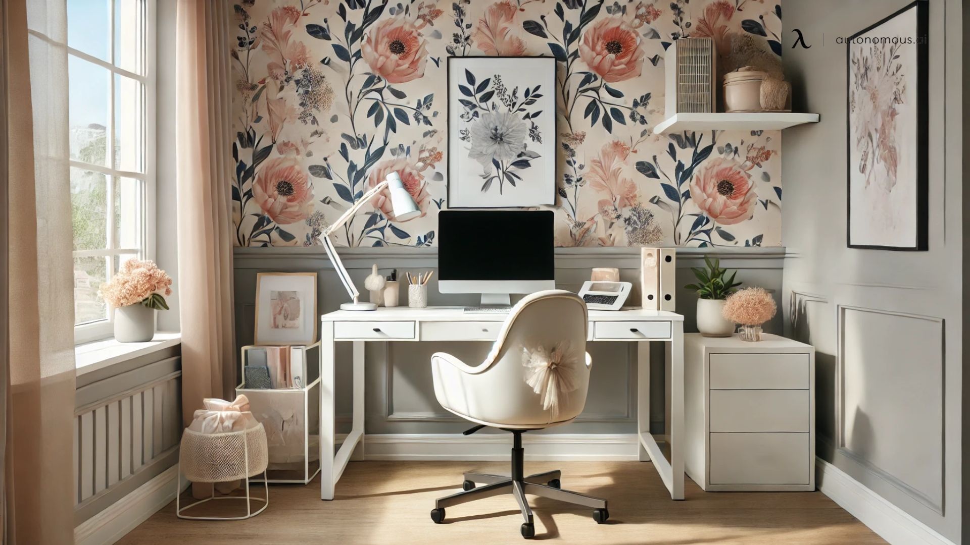 home office com parede de destaque floral