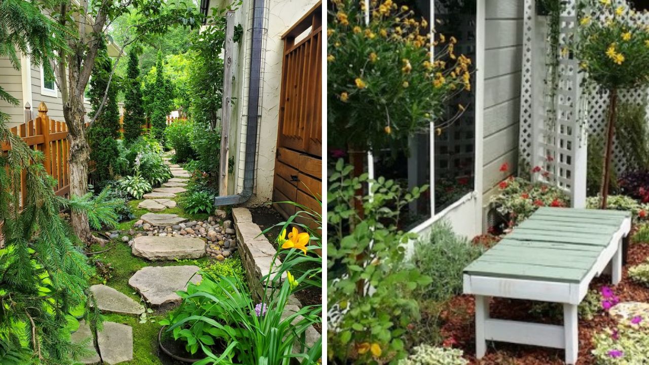 quintal estreito com plantas e flores