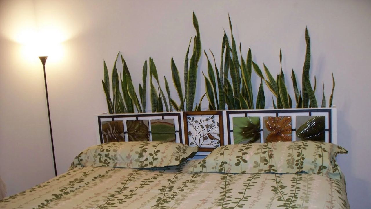 cama de casal com cabeceira com plantas