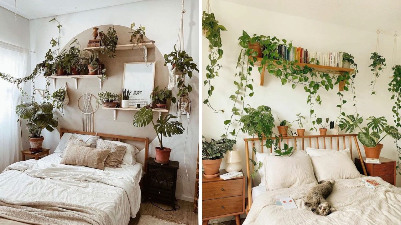 ideias de quartos com cabeceiras com plantas